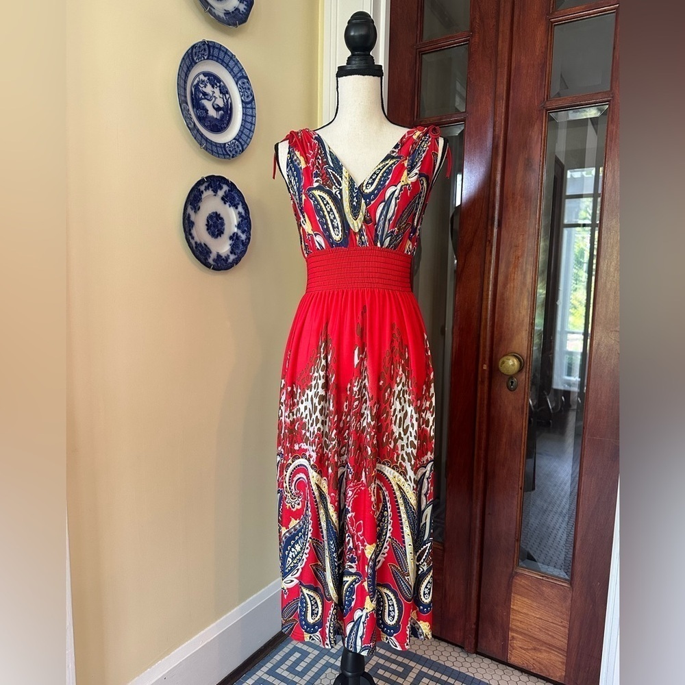 Lildy | Red Animal & Paisley Print Surplice Sundress, Size S-M
